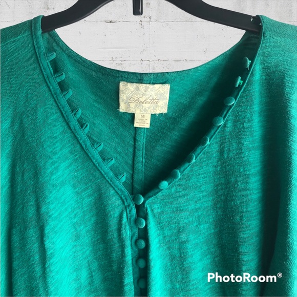 Anthropologie Deletta Emerald Green Button Up Cinch Drawstring Waist Top Medium - Picture 3 of 9